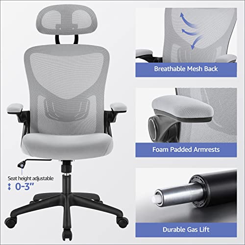 Yaheetech Ergonomic Office Chair High Back Desk Chair Mesh Computer Chair With Adjustable Headrest And Lumbar Support, Swivel Task Chair With Flip-Up Armrests For Home Office Work Study, Light Grey #TOP6