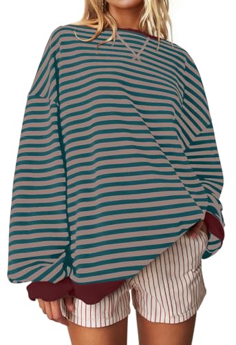 Image of UEU Women Oversized Striped Crewneck Sweatshirt Long Sleeve Color Block Pullover Tops Casual Loose Workout Shirt