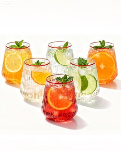 BESTSTAR 36 Pcs 12oz Plastic Clear Red Rim Ribbed Wine Glasses