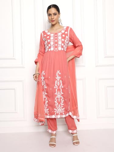 Image of Kaari Women's Chikankari Kurta Set with Dupatta -Fit & Flare Fit | Chiffon Dupatta with Embroidered Band | Straight Pant with Side Pocket | Kurta Set For Women