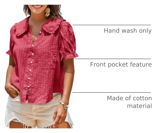 Image of Tankaneo Womens Puff Sleeve Shirts Peter Pan Collar Button Down Cotton Blouse Casual Summer Textured Tops