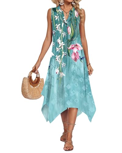 Image of AUSELILY Women Summer Midi Dress, Sleeveless Casual Asymmetrical & Pockets | V-neck midi sundress, asymmetrical flowy hem & side pockets, great for beach, vacation and daily wear