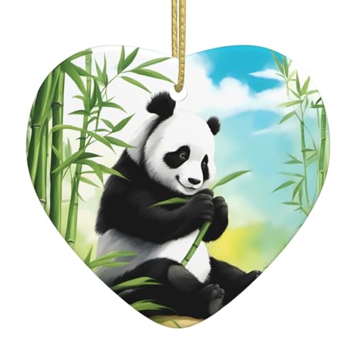Colgante colgante de cerámica para árbol de Navidad con diseño de dos pandas comiendo bambú, hogares, centros comerciales, supermercados y tiendas