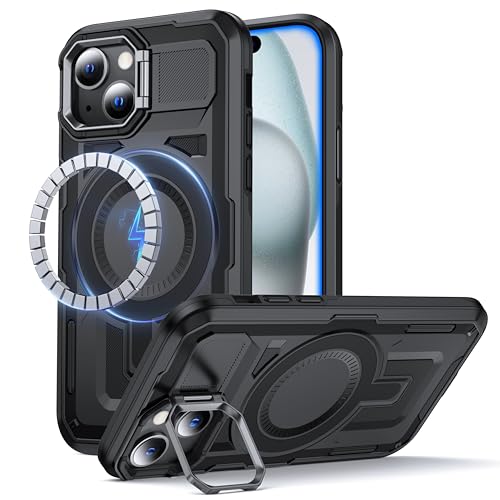 Coque iPhone 14 Plus double couche premium noire avec anneau MagSafe