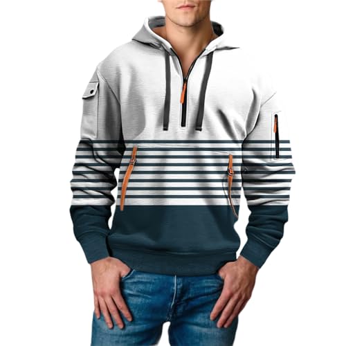 Men's 1/4 Zip Hoodies Color Block Fall Shirt Long Sleeve Striped Pullover Hooded Sweatshirts Fashion Tops with Pocket