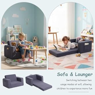 Tiita Kids Sofa, 2-in-1 Kids Sofa Chair, Convertible Chirldren Couch to Lounger, Flip Out Kids Sofa Chair, Toddler Armrest Chair Bed, Folding Kids Play Sofa for Girl or Boy(Navy Blue)