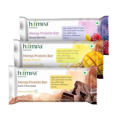 Image of Hampa Hemp protein Bar 50g | 3 Different Flavour | 10g Plant Protein | No Whey, Vegan Friendly | No Added Sugar, Sweetened with Dates | Anytime Snack with Edestine Protein | Pack of 3