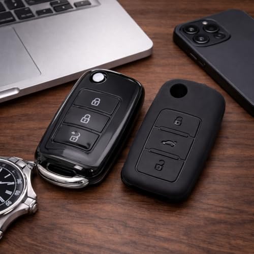 Image of JVCV Soft TPU Key Cover Compatible with Volkswagen Polo, Vento, Jetta, Ameo, Passat & Skoda Rapid, Laura, Superb, Octavia, Fabia, Yeti Folding Key (Combo - Matte Black & Transparent)