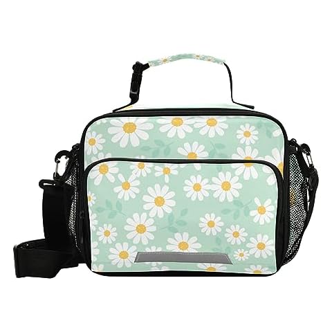Aslsiy Lunch Bag for Women Daisy Flower Field Mint Green Insulated Lunch Box Handbag with Adjustable Shoulder Strap for Office Picnic Travel Cover