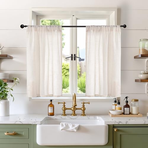 Image of BGment 36 Inch Length Oatmeal Linen Curtains for Kitchen Window - Small Half Drapes Light Filtering Semi Sheer Natural Textured with Rod Pocket for Cafe Bathroom, 2 Panels Set, 30 X 36 Inch