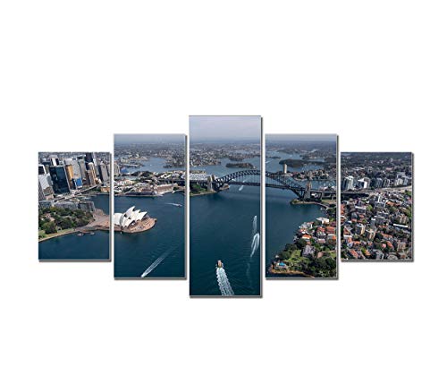 Aerial of Port Jackson Panorama Painting on Canvas 5 Piece Modern Landscape, Posters and Prints Sydney Harbour Bridge Sydney Opera House Pictures Wall Art for Living Room Home Decor Wooden Framed