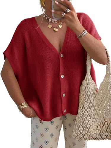 Image of Saodimallsu Womens Summer Oversized Cardigans Batwing Short Sleeve Lightweight Button V Neck Casual Knit Sweater Tops