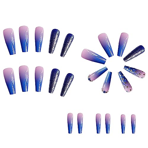 TBRZTR 24Pcs Press on Nails Long Coffin Glossy Fake Nails Blue Purple Gradient Matte Full Cover Reusable False Nails with Rhinestone Designs Extra Long Glue On Acrylic Nails for Women