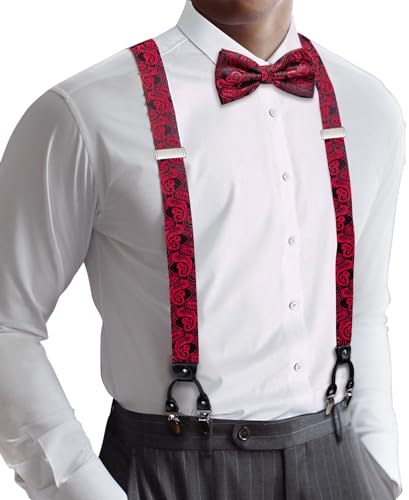 Image of YOHOWA Men Suspenders 6 Clips Strength Adjustable Y Braces Pre-Tied Bow Tie Set Formal Wedding Party