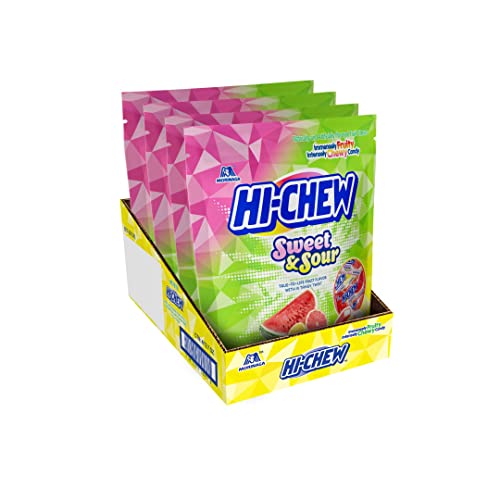 HI-CHEW Sweet and Sour Mix Bulk, Watermelon Lemon Grapefruit, 220+ Pieces, 4 Stand Up Pouches, 12.7oz each - Unique Fun Soft & Chewy Candy - Juicy Fruity Flavors - Individually Wrapped Candy