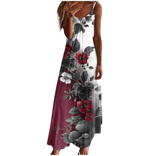 Maxi Dresses for Women UK Sleeveless Spaghetti Strap Dress Summer Floral Print V Neck Dresses Casual Oversized Strappy A-line Dress Baggy Holiday Vacation Beach Long Sundress