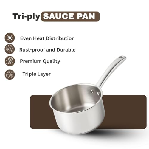 Image of Mumma's LIFE Sauce Pan for Tea | Stainless Steel Sauce Pan with Lid, Small Pan, 16Cm /6.2Inch, 1.7L, 0.56Kg, Induction Friendly, Quick & Even Heating, Durable 3-Layer Triply Bottom, 100% Toxin-Free