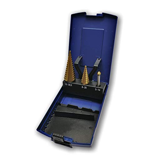 WSH-Tools Stufenbohrer - Senker Satz HSS-G 3-teilig TiN-beschichtet 4-20mm + 4-30mm mit 8,3mm Kegelsenker in Rosebox Cover