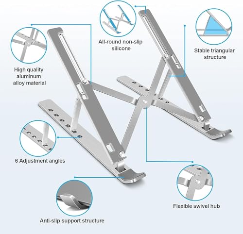 Image of Portable Aluminium Alloy Laptop Stand, Foldable with 6 Adjustable Angles, Non-Slip Silicone, Ergonomic Design, Silver, with Storage Bag
