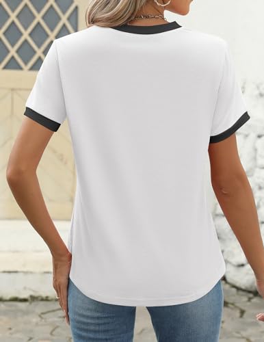 ZESICA Women's Casual Short Sleeve Pleated Shirts 2025 Summer Dressy Crewneck Color Block Tops2