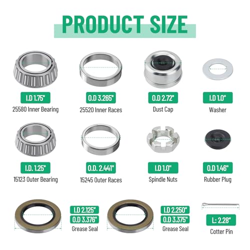 Image of 2 Sets 25580 15123 Boat Trailer Axles Bearing Kit | with Grease Seals, Spindle Nuts, 2.72 inch Dust Caps and Rubber Plugs, Cotter Pins for 5200-6000 lb.Tandem Axles #D42 Spindle
