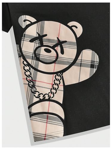 Men's Casual Outfits Short Sleeve Cartoon Bear T Shirt and Drawstring Plaid Shorts Tracksuits Set4