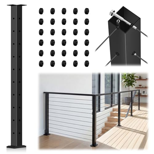 T-drilled Corner Cable Railing Post 36" (Post 35"x2"x2"), Three Sides Fixed Top Mount Corner Post with Cable Grommets, Stainless Steel 304 Handrail Post, Black Finish Flat Top Deck Corner Post