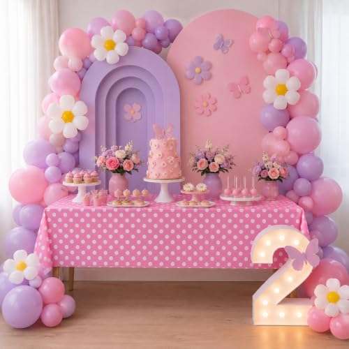 Image of Blue Orchards Pink Polka Dots Table Cover (Pack of 3 with 20 Glue dots) - 54 inchx108 inch XL - Pink and White Dots Plastic Tablecloth, Girl Decoration, Baby Shower, Cartoon Themed Birthday Party Supplies