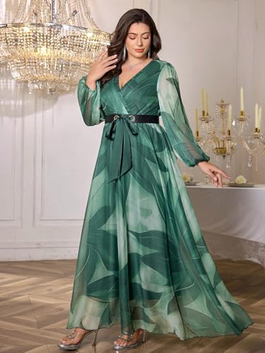Image of Spring Summer 2024 Plus Size Womens Dresses V Neck Casual Elegant Long Sleeve Floral Print Maxi Dress