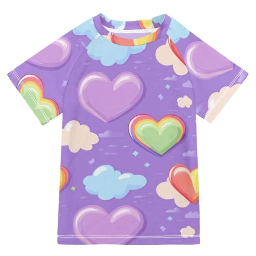 Wudan Colorful Hearts Rainbow Purple Girl Bathing Suit UV Protection Rash Guard for Girls Swimwears Active Shirts for Toddler Boy 7-8Y