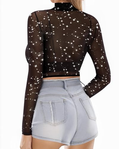 MANGOPOP Women's Short Sleeve Long Sleeve Sheer Mesh Crop Tops Tee Shirt Blouse