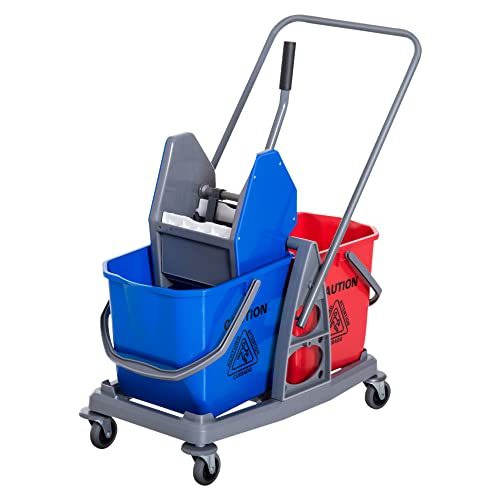 HOMCOM Carro de Limpieza Profesional Carro de Fregado de Metal con 2 Cubos de 25 litros Extraíbles Escurridor Prensa Manual y 4 Ruedas 73x45x92 cm Rojo y Azul