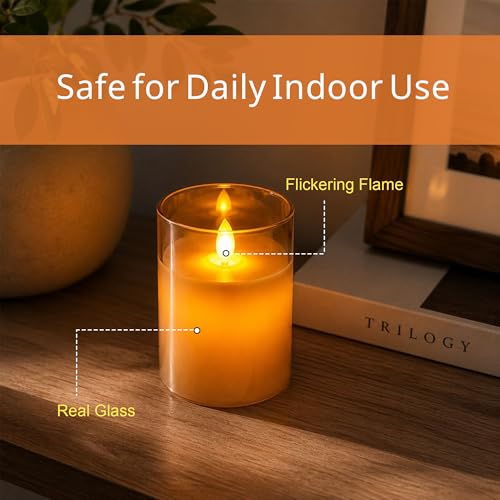 Image of LTETTES Real Wax Led Candle with Glass Cup | Flameless Flickering Wick | Amber Glass Finish | Battery Operated with Remote Controller | Decorative Candle for Home, Festival & Gifting | D-3 inch x H-4 inch