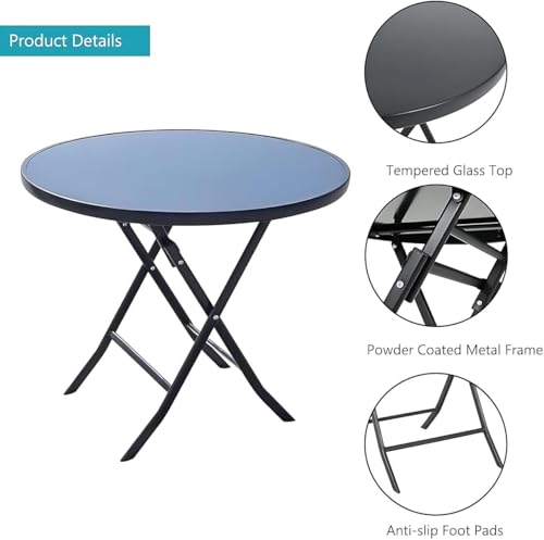 Image of Round Outdoor Tempered Glass Top Dining Table - Modern Foldable Patio Coffee Bistro Table for Garden, Balcony, Lawn, Backyard, Terrace, Deck or Poolside Use (1Pcs)