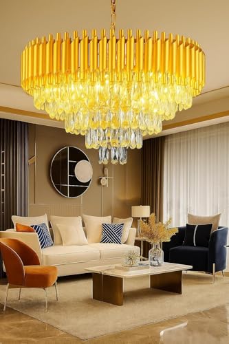Image of TRIXY Chandeliers Lights for Ceiling Pure Gold Round Crystal Pendant Light Lamp | 5 Tier, K9 Crystal 600mm Fancy Jhoomar Lamp Fixture for Bedroom, Living Room, Dining, Interior Lighting