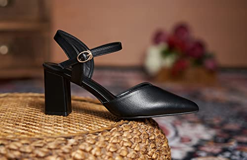 LizFoYa Women Pointed Toe Cutout Dressy Block Heels Leather Ankle Strap Formal Party Chunky High Heels2