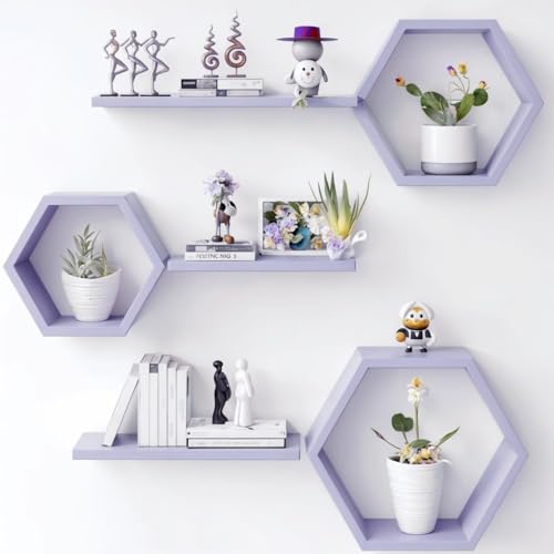 Image of Wooden Floating Wall Mounted Set of 6 Hexagon Shelves Display Shelf for Photos, Plants, Rustic Honeycomb Shelves for Living Room, Bedroom, Bathroom, Kitchen, Office (Purple)