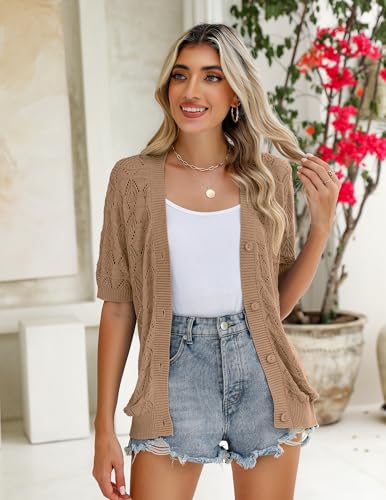 Image of Zeagoo Women's Short Sleeve 2026 Summer Crochet Cropped Cardigan V Neck Button up Bolero Shrug Sweater