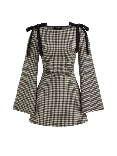CIDER Women's Gingham Mini Dress Boat Neck Ruched Long Sleeve Coffee