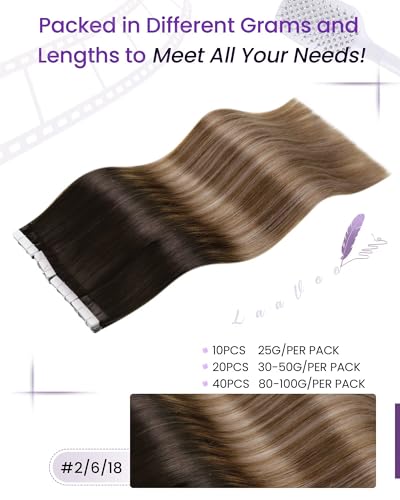 Image of LaaVoo Tape in Extensions Human Hair 24 Inch Real Hair Extensions Tape in Ombre Dark Brown to Medium Brown Mix Caramel Brown 20pcs 50 Grams