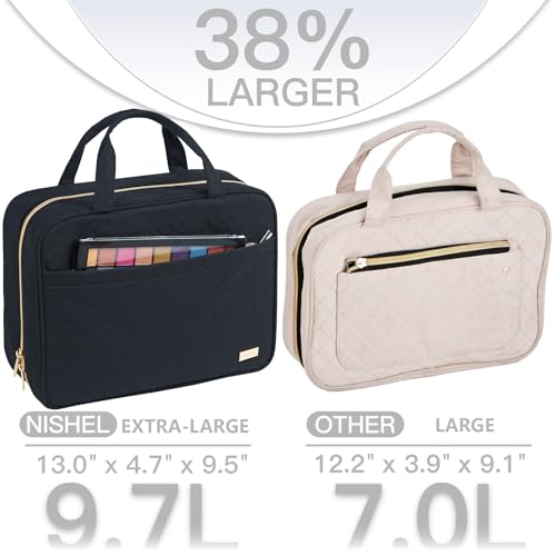 NISHEL Travel Toiletry Bag for women, Portable Hanging Organizer for Family-Sized Shampoo, Conditioner, Brushes Set, Makeup Accessories, Extra Large Size, Black3