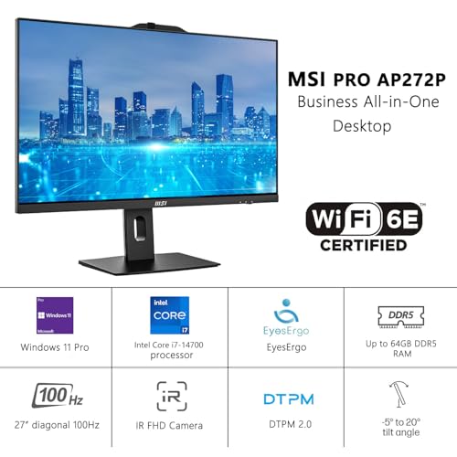 Image of msi PRO AP272P Business All-in-One Desktop, 27 inch IPS FHD 100Hz Eye-Care Display, Intel Core i7-14700, 64GB DDR5, 2TB SSD, IR FHD Webcam, Wi-Fi 6E, HDMI, DP, Wireless KB & Mouse, Windows 11 Pro