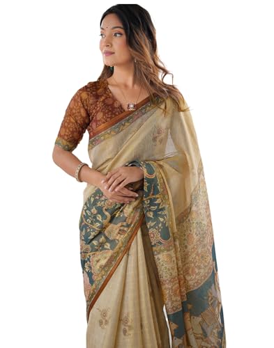 Image of SIRIL Women's Cotton Linen Kalamkari Printed Handloom Saree with Unstitched Blouse Piece