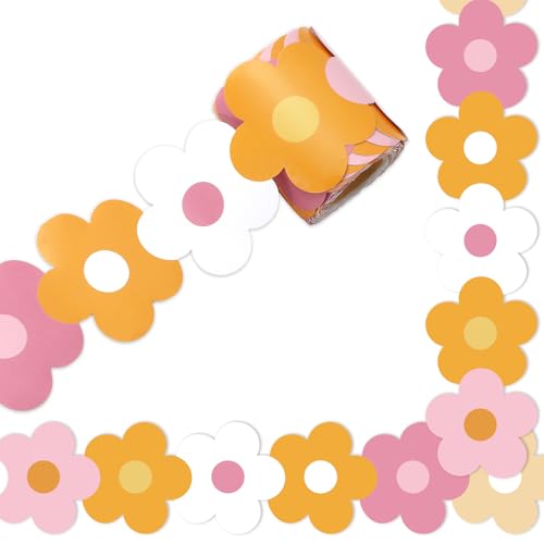 Image of Whaline 32.8 ft Groovy Boho Hippie Flower Bulletin Board Borders Pink Orange Floral Die-Cut Rolled Border Trim for Back to School Classroom Office Chalkboard Decoration