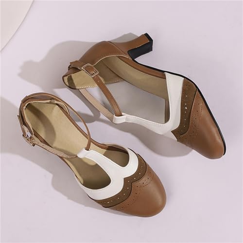 Womens T-Strap Two-Tone Round Toe Cute Kitten Heel Retro Ankle Strap Mary Jane Pumps D'Orsay Pumps3