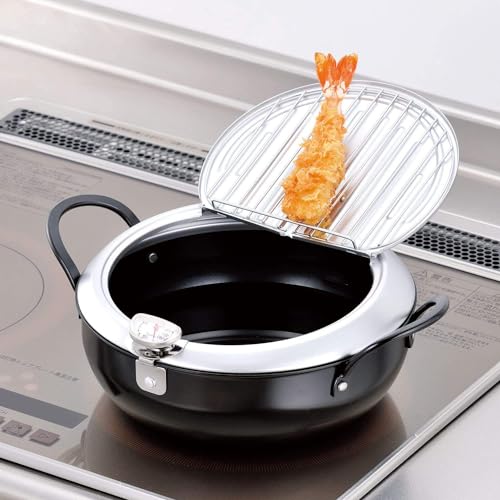 Wahei Freiz TM-9090 Tsubame Sanjo Iron Tempura Pot with Lid, 9.4 inches (24 cm), Thermometer, Induction Compatible, Gas Fryer Pot, Tempura, Oil Draining, Made in Japan