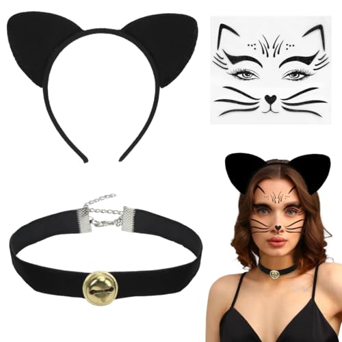 Diadema orelhas de gato e colar e autocolantes rosto preto, Cat Ears mulher, acessórios de disfarces de gato para Halloween, carnaval, Msquerade
