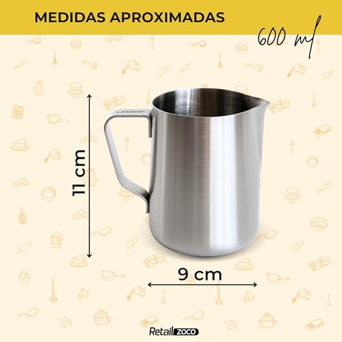 Miniatura 4 de Chefzoco Jarra De Leche, Jarra Barista, Lechera Acero Inoxidable, Espumadora De Leche, Jarra Espumadora Leche Para Cappuccino, Caffelatte Y Latte Macchiato, Incluye Asa, Capacidad 600 Ml