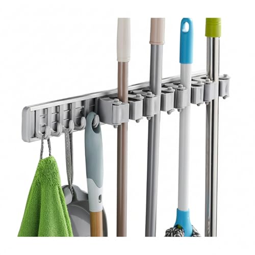 La Mejor Selección de Almacenaje y organización del garaje los mejores 10. 48 Porta Escobas y Trapeadores de Pared Soporte Organizador con 5 Ganchos de Aluminio Sin Perforaciones 50 cm Ideal para Organizar la Cocina, Baño, Lavandería, Garaje y Jardín