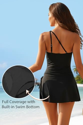 Image of Tempt Me Women One Piece Swim Dress One Shoulder Swimsuit | Tummy control, Skirted bottom, Adjustable shoulder straps, Removable bra
